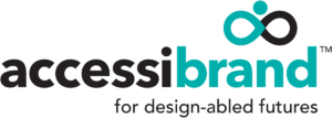 Logo d'Accessibrand. Un texte sous le logo indique "pour le futur de concepteurs handi-capables". Le logo est noir et vert.