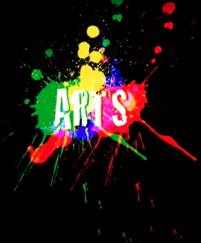 Poster of the movie representing the word ARTS written in white on a black background, surrounded with colourful paint spots.