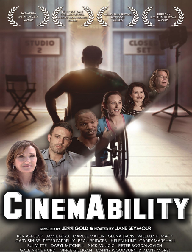 Poster of the movie representing a man using a wheelchair seen from the back, and a ray of light in the middle with smaller pictures of three white women, two white men and a black man.