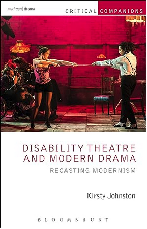Book cover representing three actors, two standing and one sitting in a wheelchair, acting on stage, and the title of the book