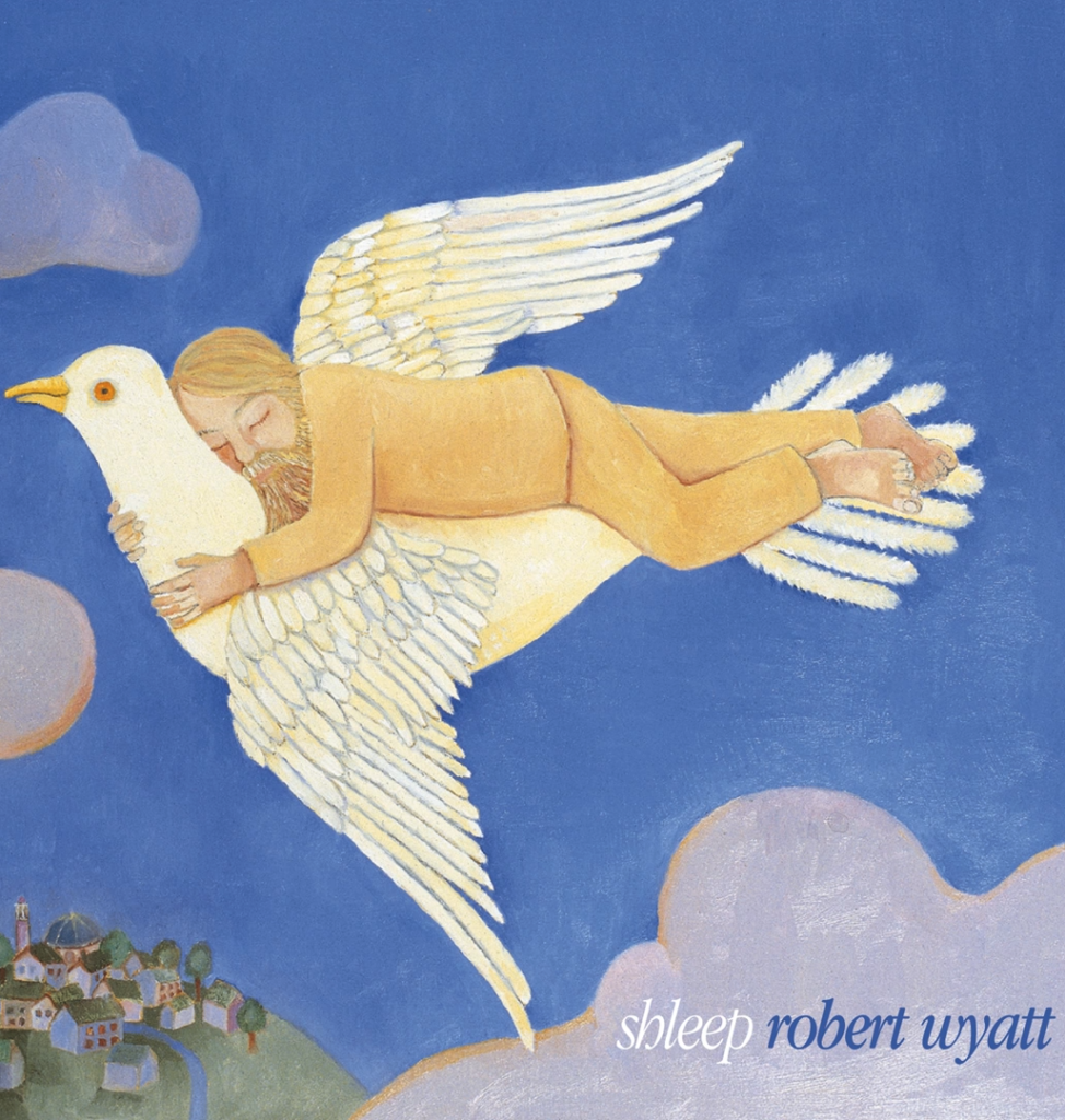 The drawing of a white man with a thick, yellow beard, eyes closed, asleep on a giant white bird.