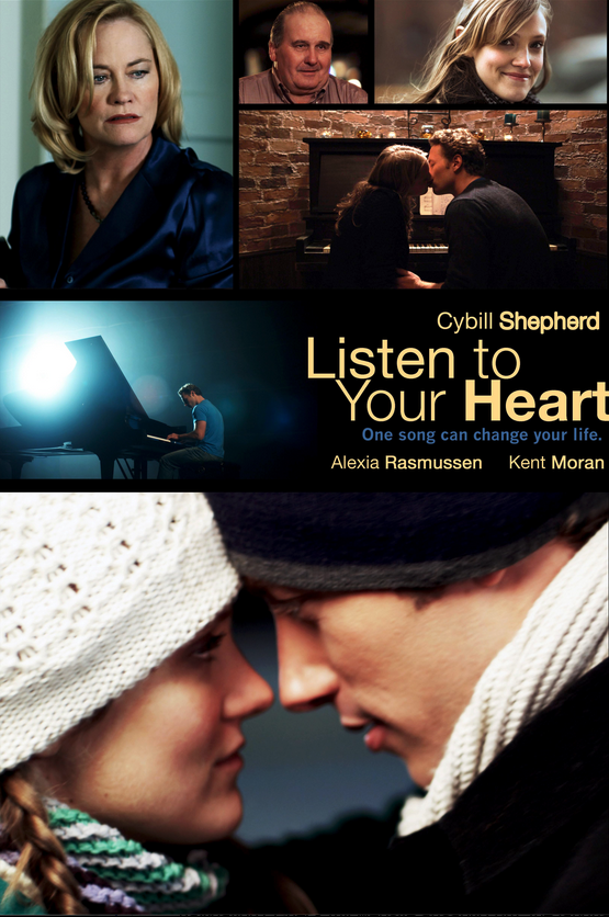 Poster of the movie representing several pictures including two pictures of a white man at the piano. In one of the pictures, he kisses a white woman. At the bottom they are looking at each other, head against the other, wearing wool hats.