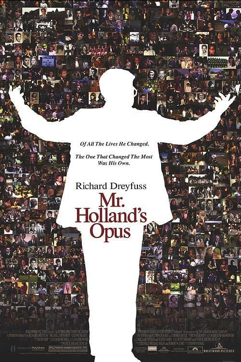 Poster of the movie, representing a white cut-out of a man wearing glasses, arms hands open and palms up. There are multiple small pictures of people in the background.