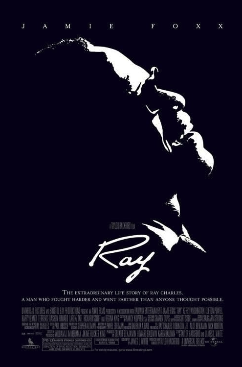 Poster of the movie showing the drawing of the face of Ray Charles, a black man seen from the side, wearing black glasses, laughing.