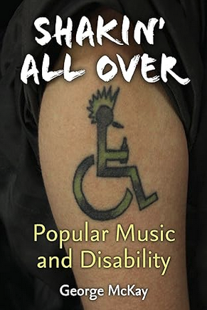 Book cover showing an arm with a tattoo representing a person in a wheelchair with punk hair style and holding a bottle, and the title of the book