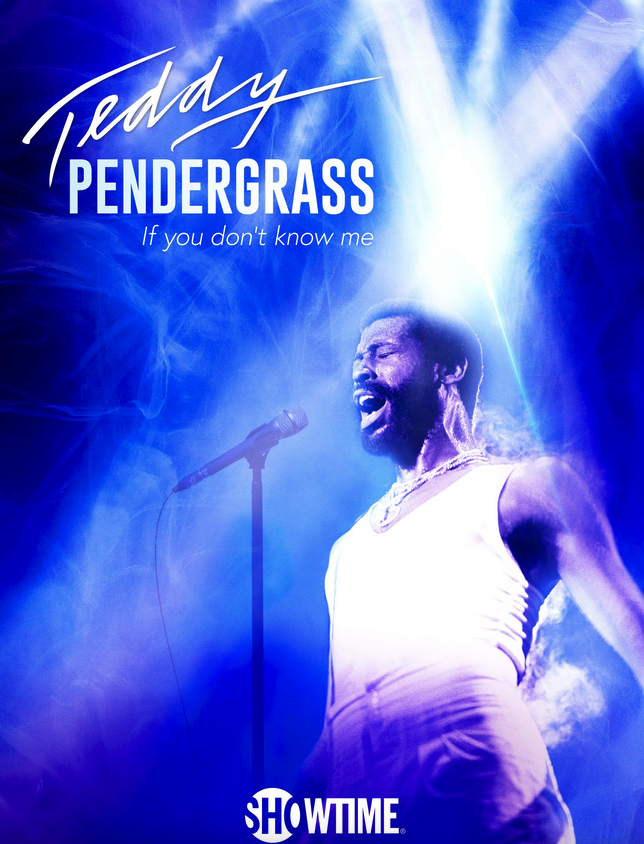 Poster of the movie, representing Teddy Pendergrass, a black man with a white tank top, standing and singing in a microphone.