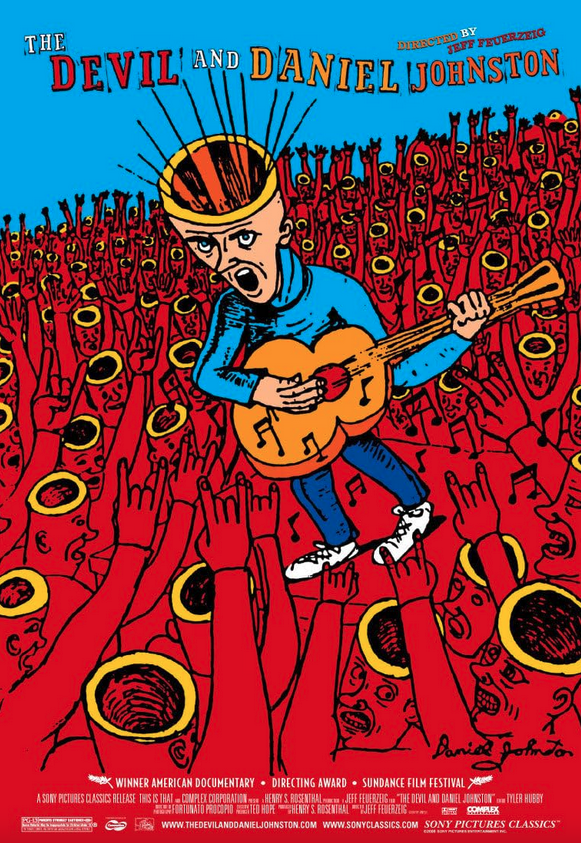 Poster of the movie representing a drawing of a white man wearing blue clothes, playing the guitar and singing, on a stage surrounded by a crowd. The musician and the audience members are represented with the top of their heads cut and no brain inside.