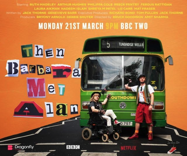 Poster of the movie representing the picture of a white woman and a white man in front of a green bus. The woman, on the left, uses an electric wheelchair. The man on the right is standing.