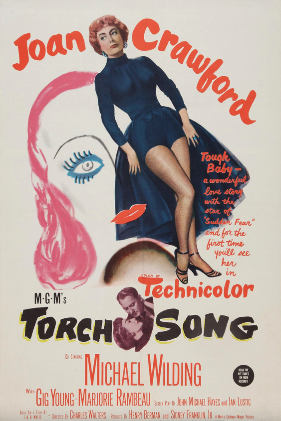 Poster of the movie representing a drawing of the actress Joan Crawford, a white woman, standing and wearing a blue dress.