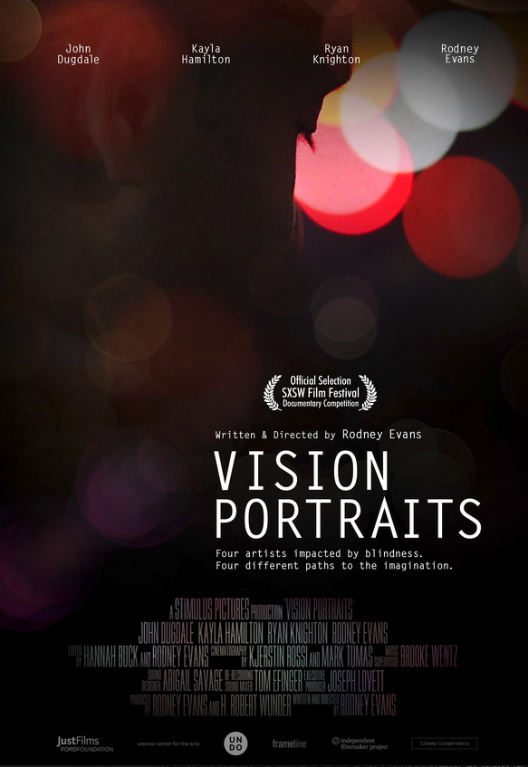 Poster of the movie showing an unrecognizable face in a place with no lights except for blurry white, red and yellow spots in the back.