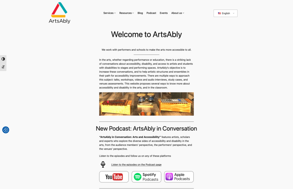 A screenshot of ArtsAbly's website in English, with the logo on the top left, the menu on the top centre, and introduction text.