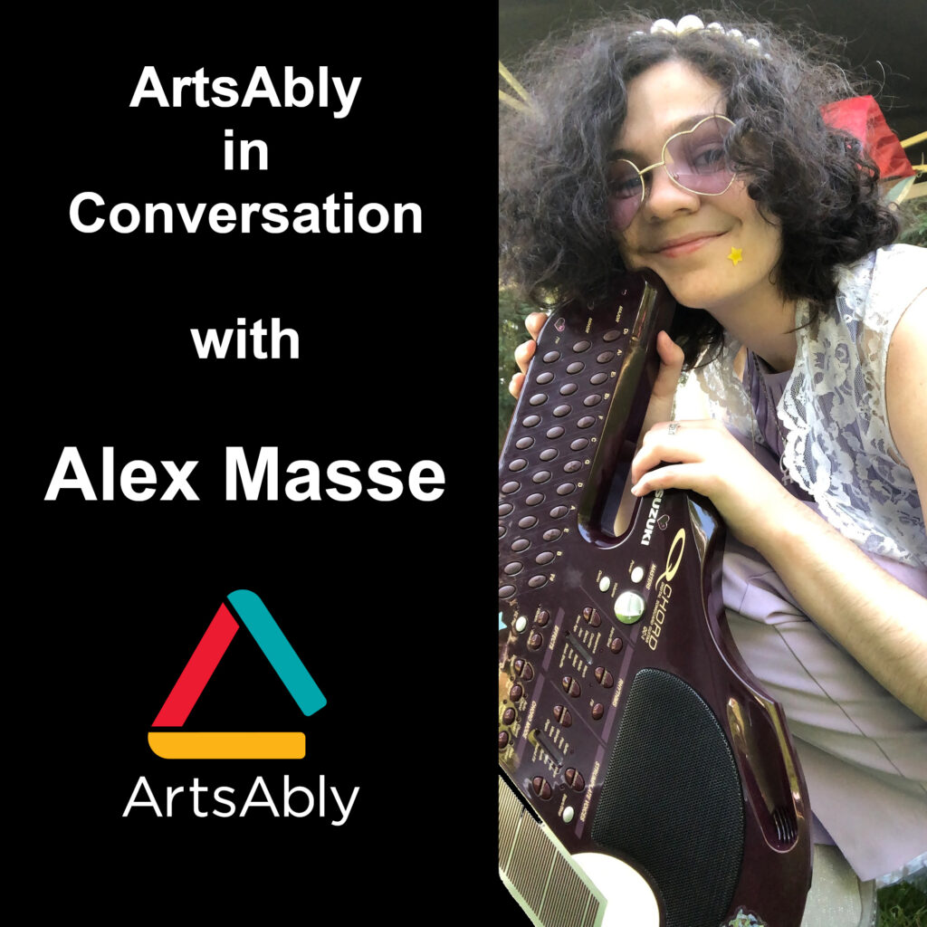 A white non-binary person with black curly short hair and pink-tinted glasses holding a musical instrument that resembles an autoharp. The title of the episode is written in white on a black background.