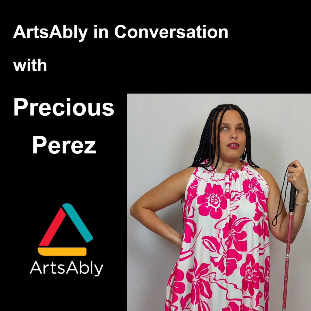 A Latina woman wearing a white dress with pink flowers motifs, one hand on her hip and the other holding a pink cane. The title of the episode is written in white on a black background.