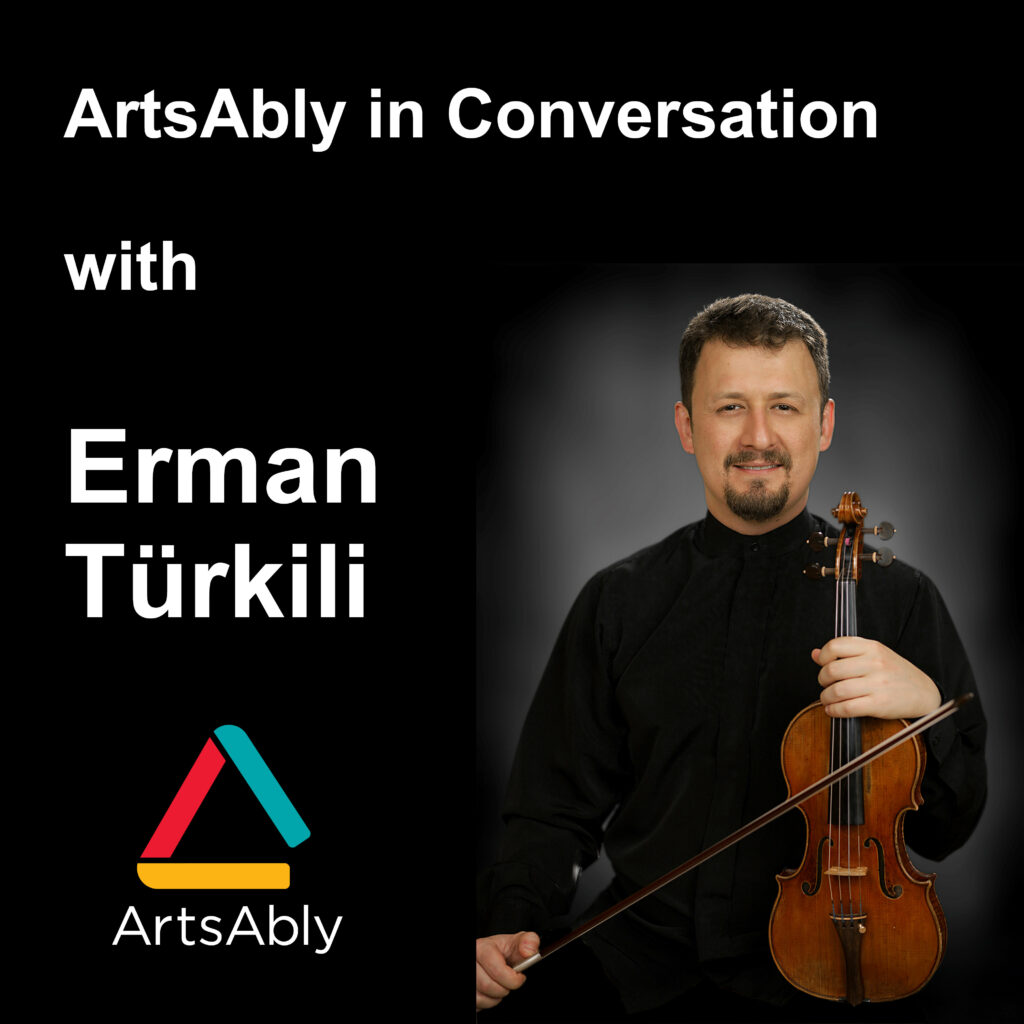 A white man with a short beard and moustache wearing a black top and holding a violin. The title of the episode is written in white on a black background.