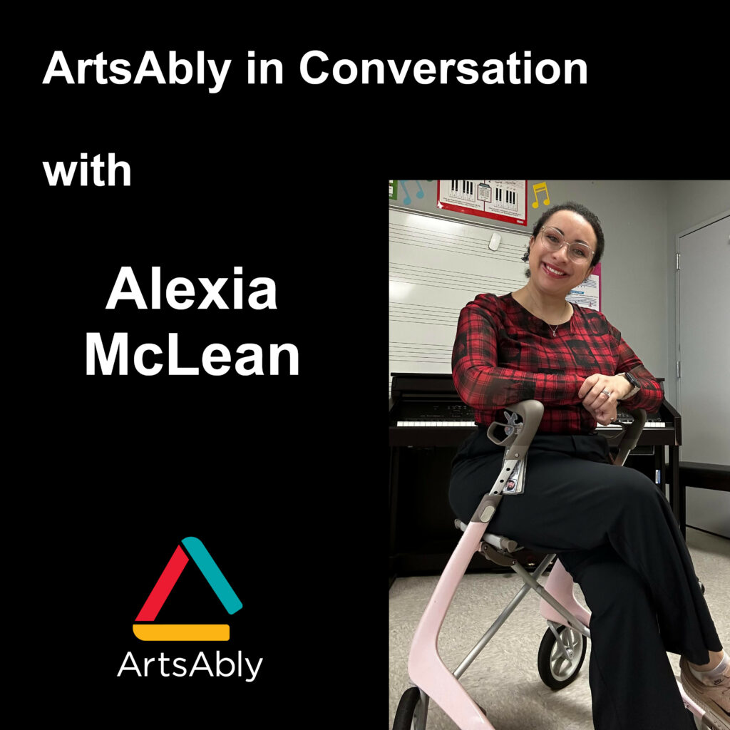 A Hispanic woman with glasses and black hair wearing a red and black stripe shirt, sitting on a pink rollator. She is in a music room with a piano and a white board with staves. The title of the episode is written in white on a black background.