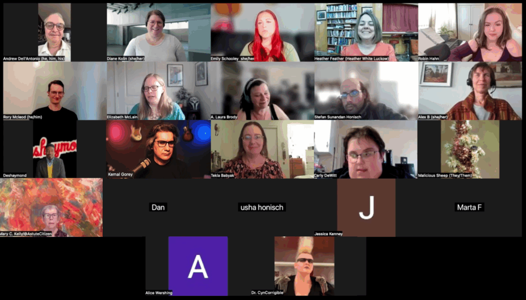 Screenshot of the conversation during the live episode of the podcast, with guests and attendees.