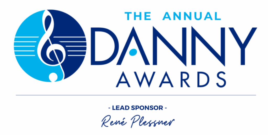 Text says The annual Danny Awards, lead sponsor René Plessner. A treble clef is represented on a blue background.