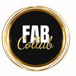 FabCollab logo, with fab written in white and collab written in golden letters on a black background in a circle