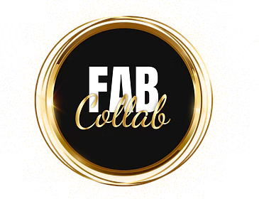 FabCollab logo, with fab written in white and collab written in golden letters on a black background in a circle
