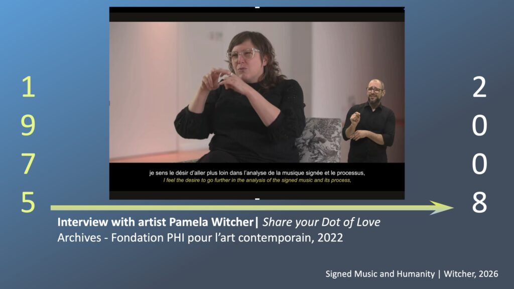 One of the slides of the presentation, showing a timelime with 1975 on the left and 2008 on the right, and a video showing Pamela Witcher, a white woman with long brown hair and glasses, signing with subtitles in French and English, and a another man with dark hair and beard and glasses signing on the right.