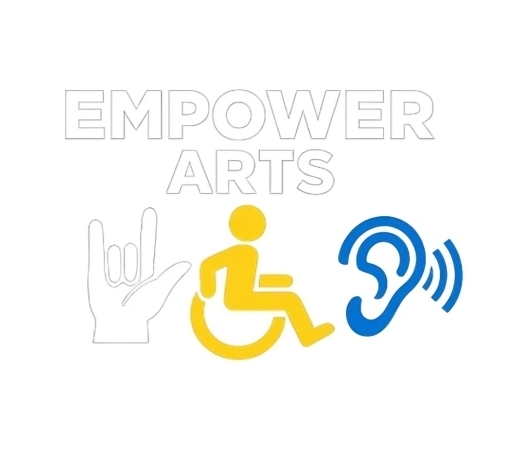 Empower Arts logo with a hand signing the sign love, a wheelchair and an ear.