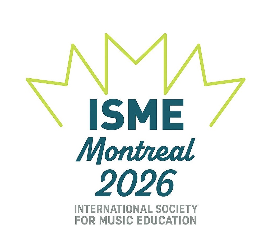 The words ISME Montreal 2026 are written in dark green surrounded by a light green graphic in the shape of a maple leaf. The words International society for music education are written in grey at the bottom.