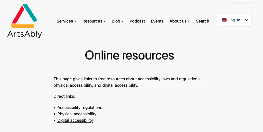 Screenshot of the top of the online resources page: Accessibility regulations, physical accessibility, digital accessibility.